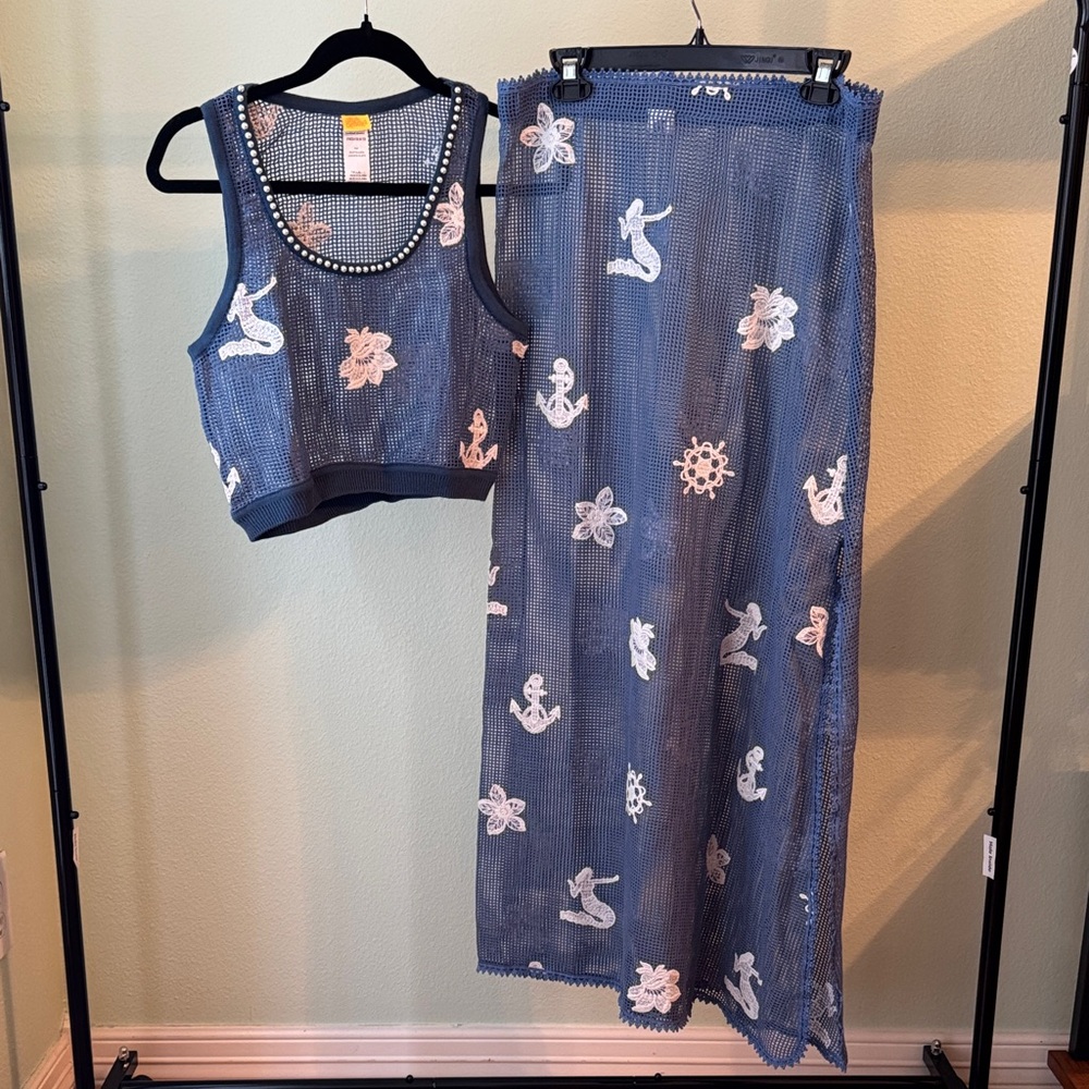 Agua Bendita Blue Sheer Skirt Set with White Nautical Embroidery - Picture 4 of 11